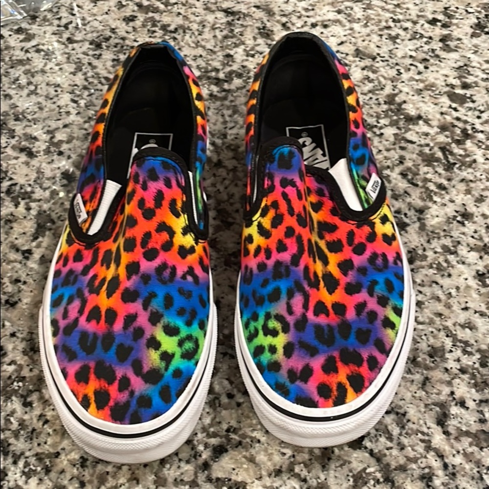Vans slid on, rainbow cheetah print